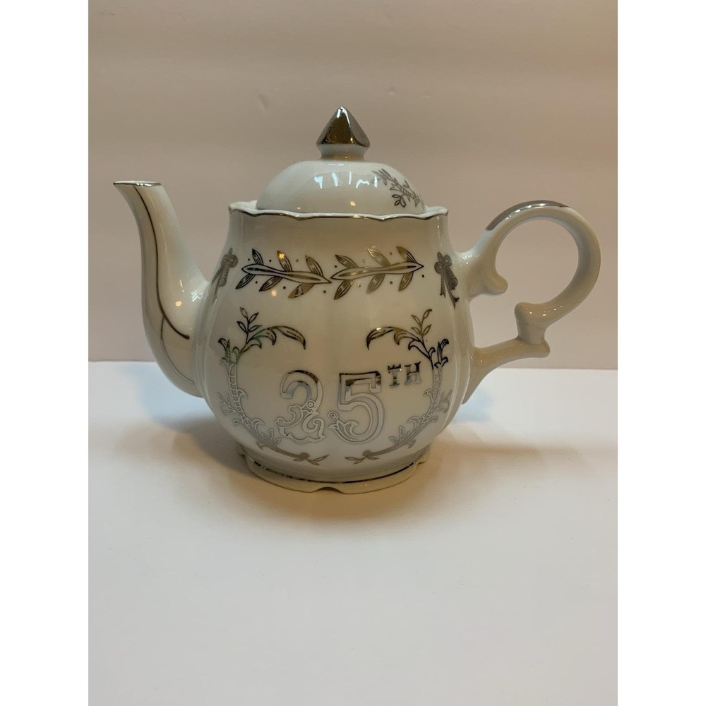 Lefton 25th Anniversary Musical Teapot‎ Porcelain Silver Trim Made in Japan